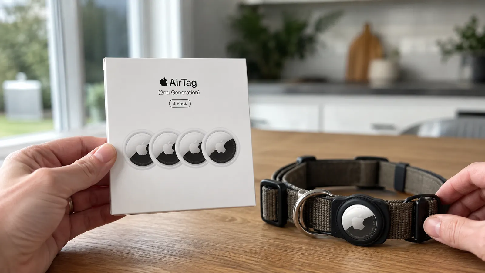 Hand holding an Apple AirTag 4-Pack box next to a dog collar