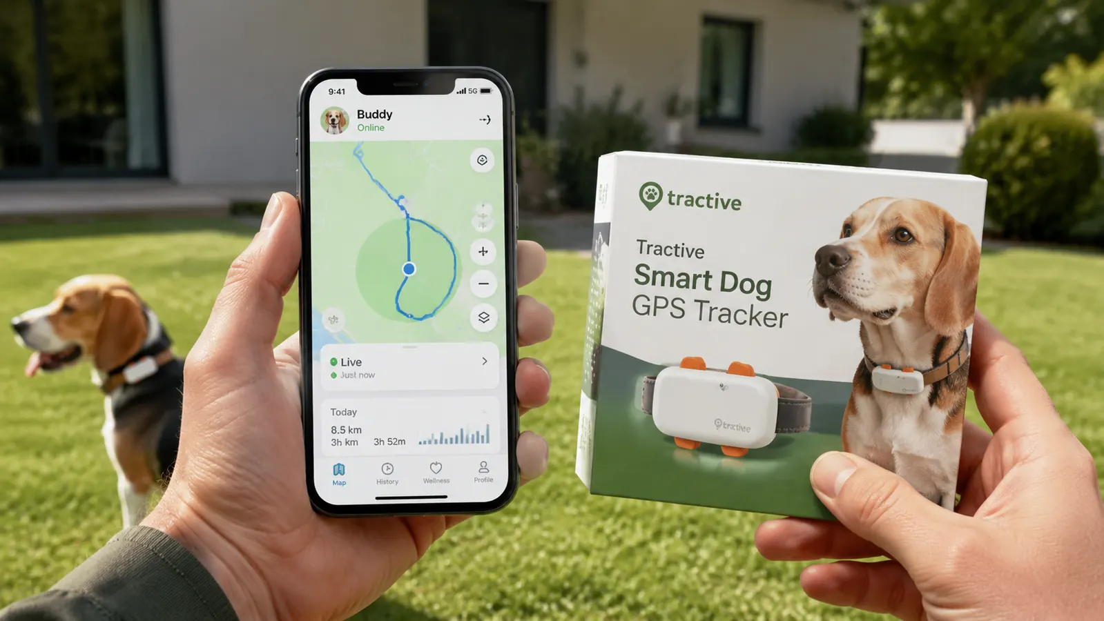 Hand holding a smartphone showing a live GPS dog tracker map with a moving dot representing a dog's real-time location