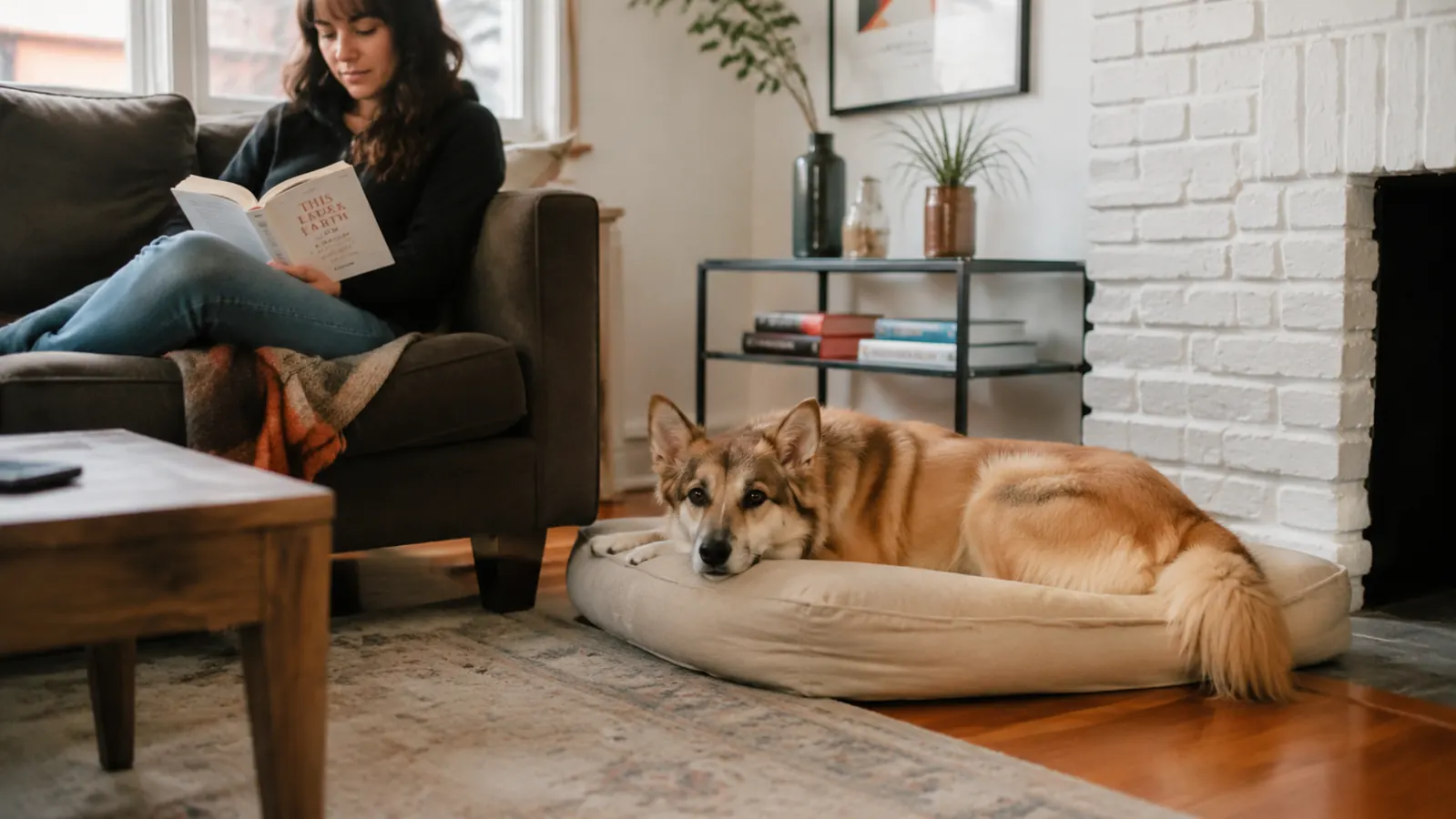Dog resting comfortably at home while owner relaxes on the couch, both calm and content