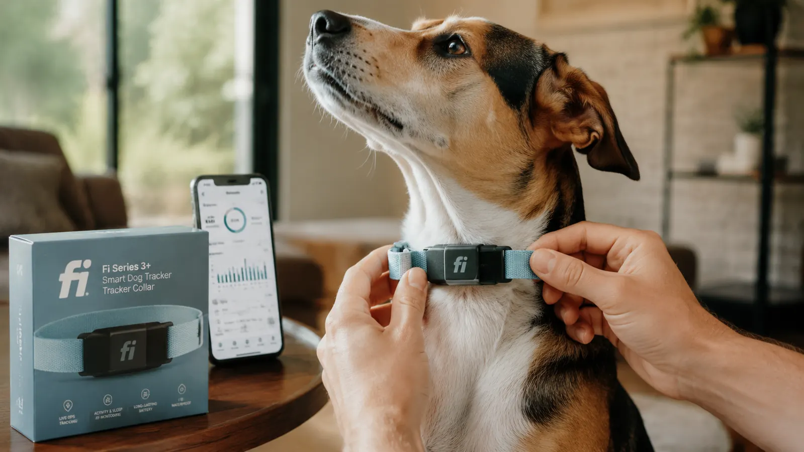 Hand securing a Fi Series 3+ smart collar around a medium-sized dog's neck before a morning walk