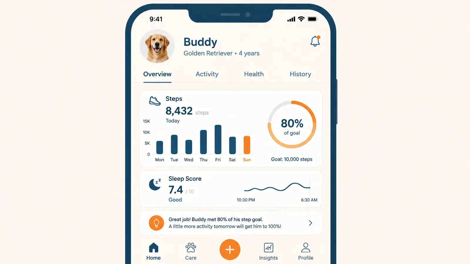 Phone screen showing Fi app dashboard with daily step count, sleep score, and activity goal ring