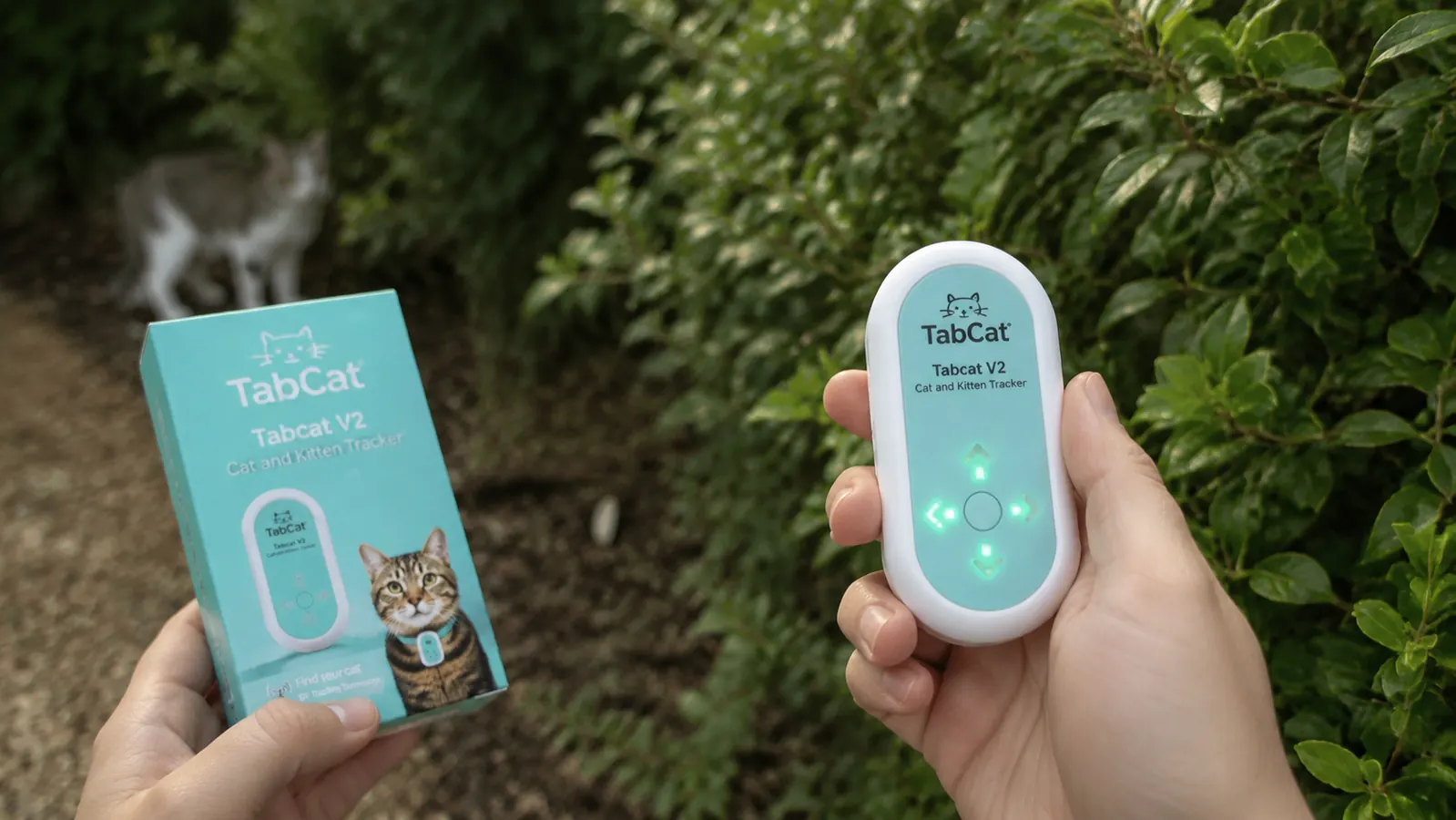 Hand holding the Tabcat handheld receiver with directional arrows lit up, searching for a cat