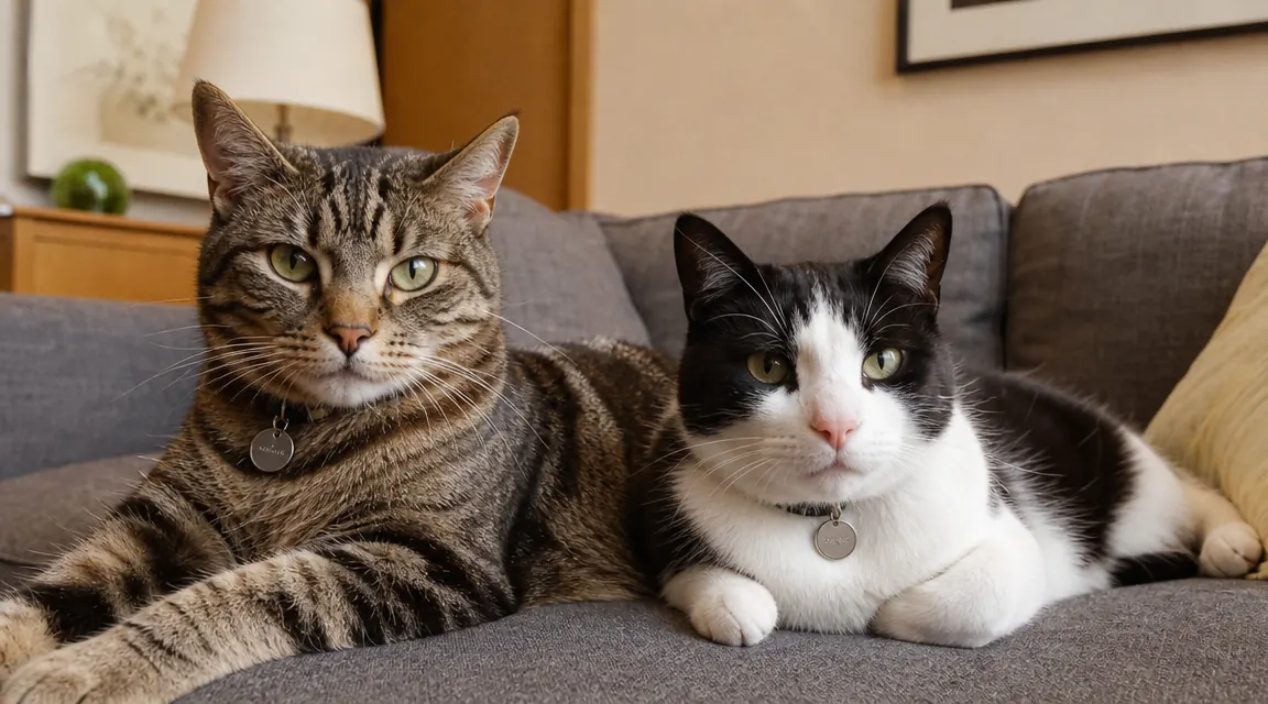 Two cats wearing lightweight Tabcat homing tags on a couch, showing the size of the tags relative to the cats