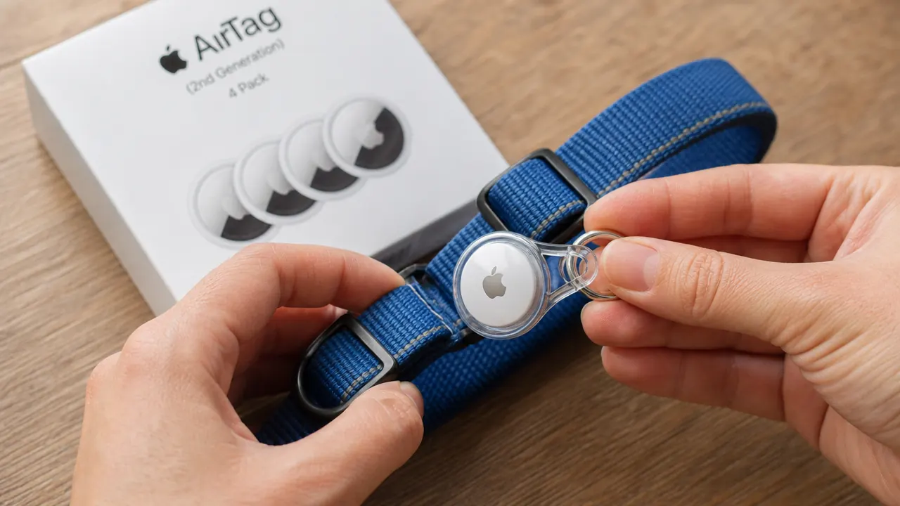 Hand attaching a white AirTag to a blue dog collar using a third-party silicone holder