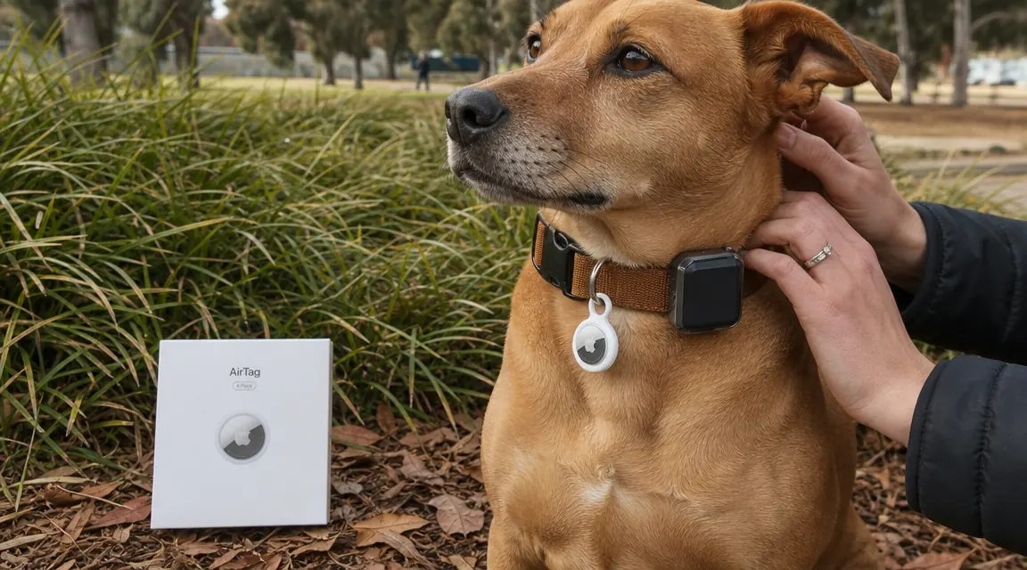 Dog wearing a collar with both an AirTag holder and a cellular GPS tracker side by side, photographed outdoors