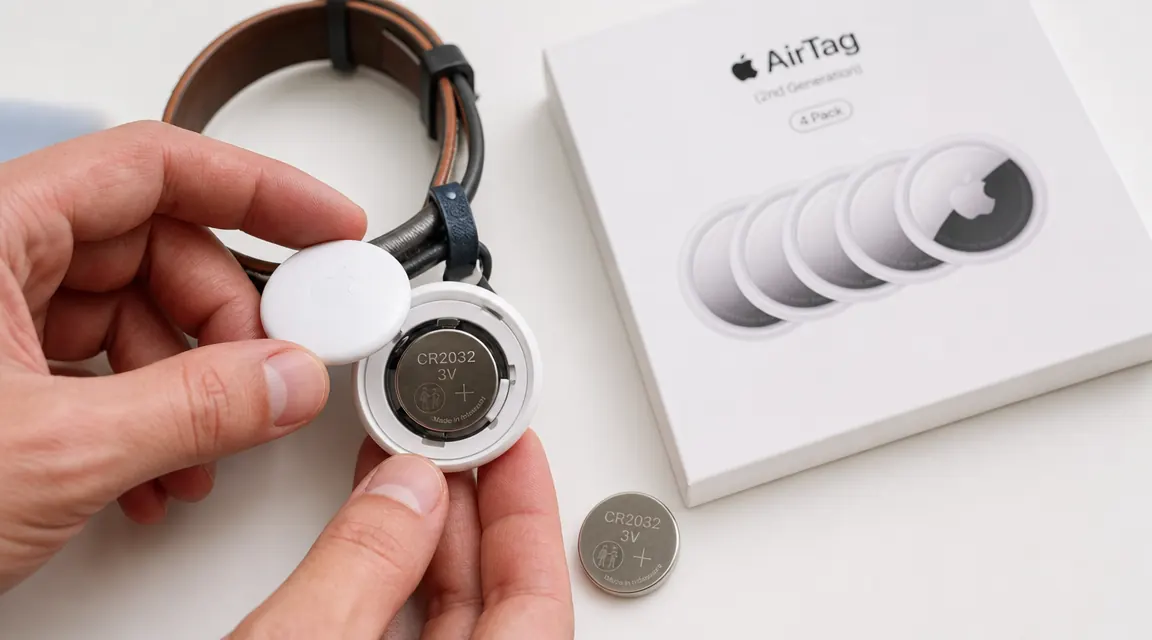 Close-up of a CR2032 coin battery next to an open AirTag showing where the battery sits inside the device
