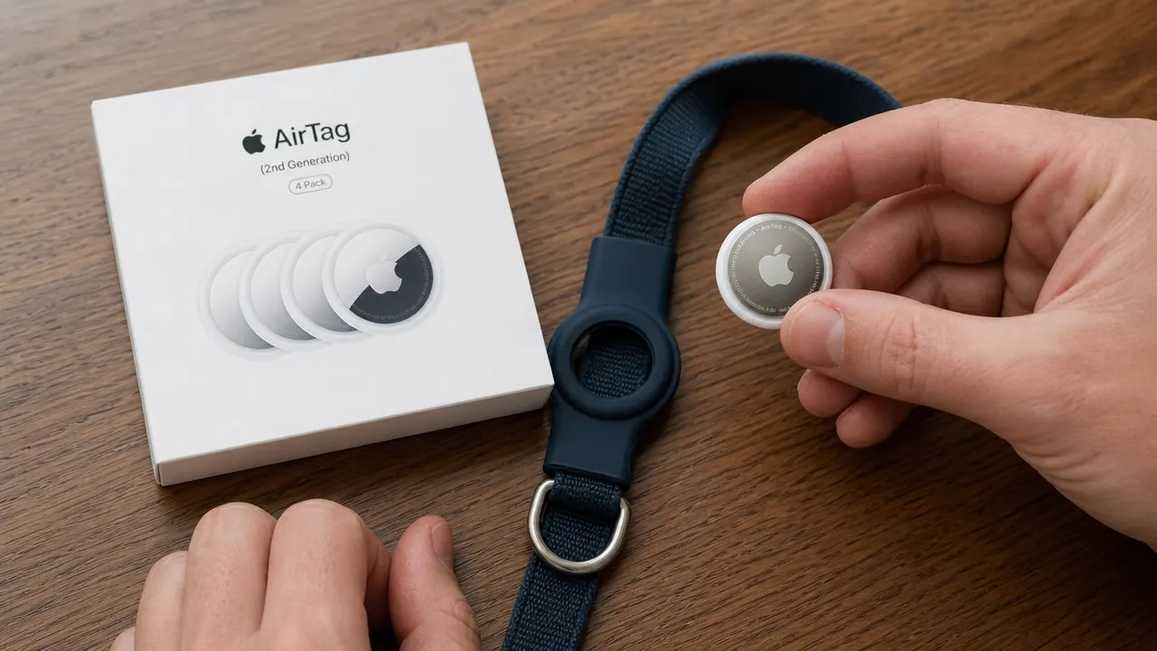 Hand holding an Apple AirTag next to a dog collar with a silicone AirTag loop attached