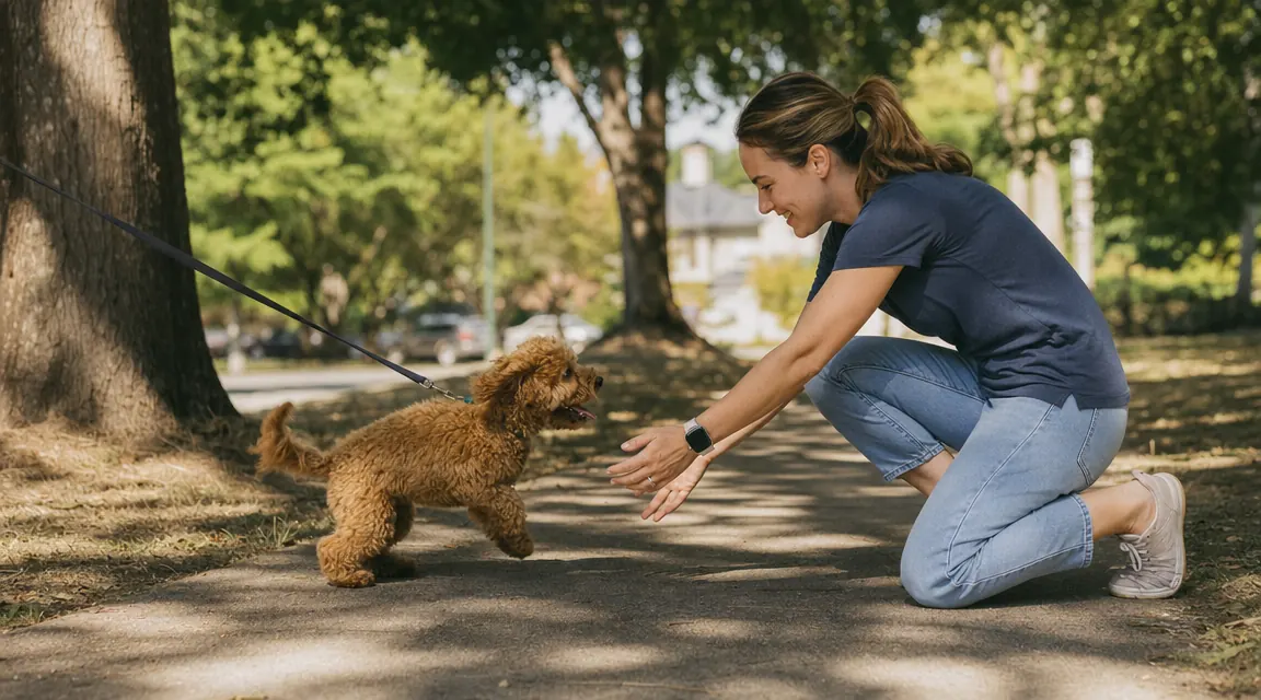 Dog owner crouching down to greet a small dog in a quiet neighborhood park, relaxed afternoon scene