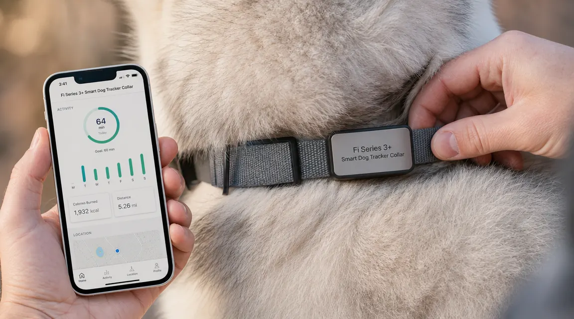 Fi Series 3+ smart collar close-up on a husky, showing the tracker module against thick fur