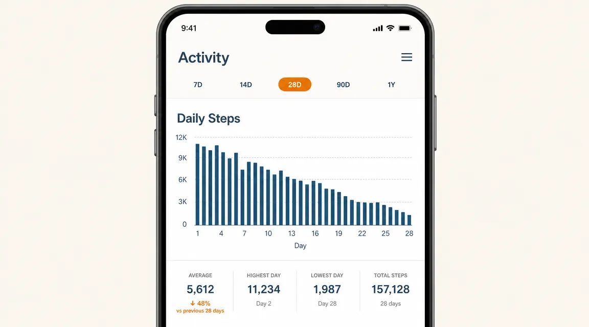 Smartphone screen showing the Fi app daily step count graph trending downward over four weeks