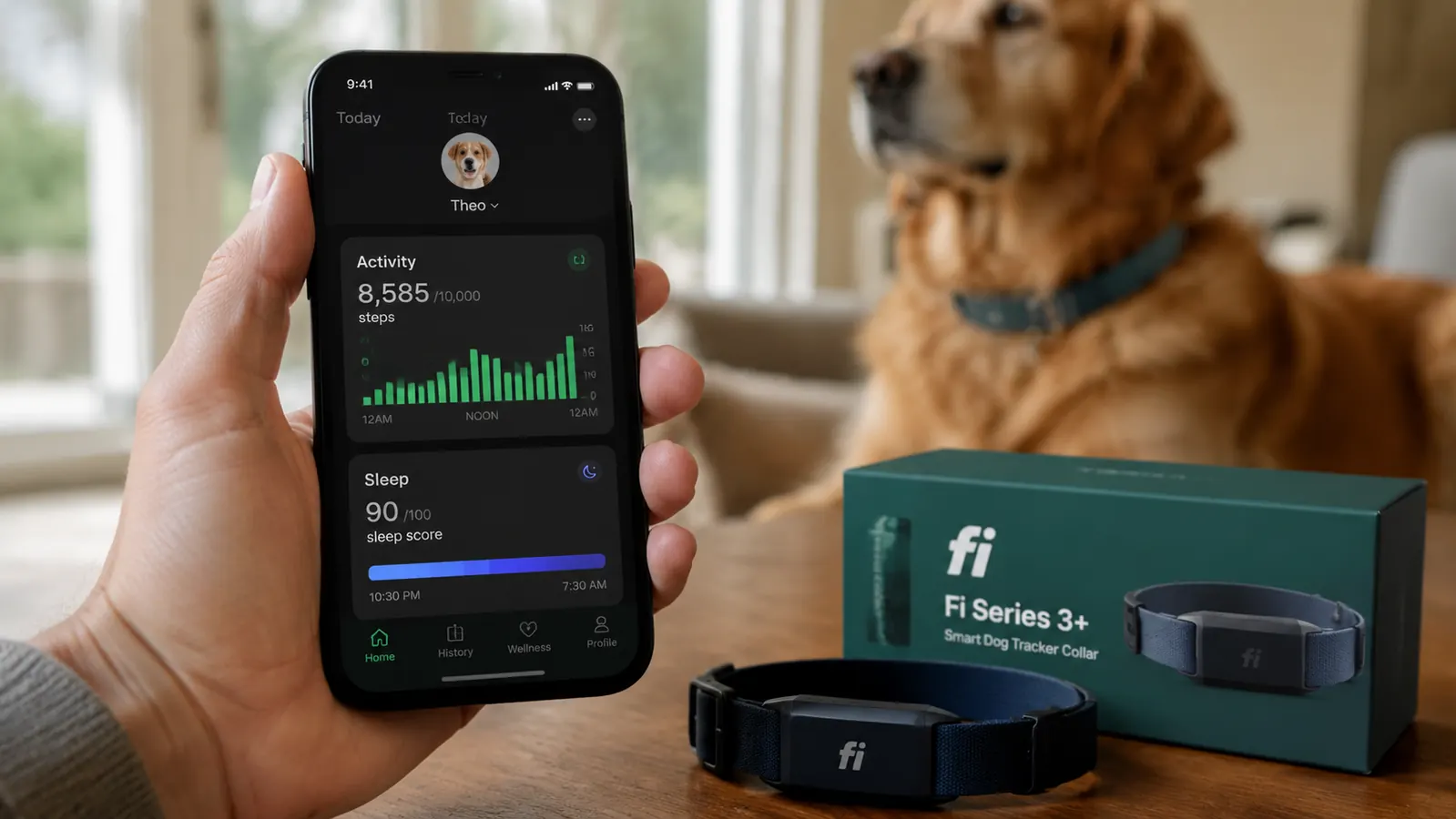Smartphone app screen showing a dog's daily step count and sleep quality score in the Fi app dashboard