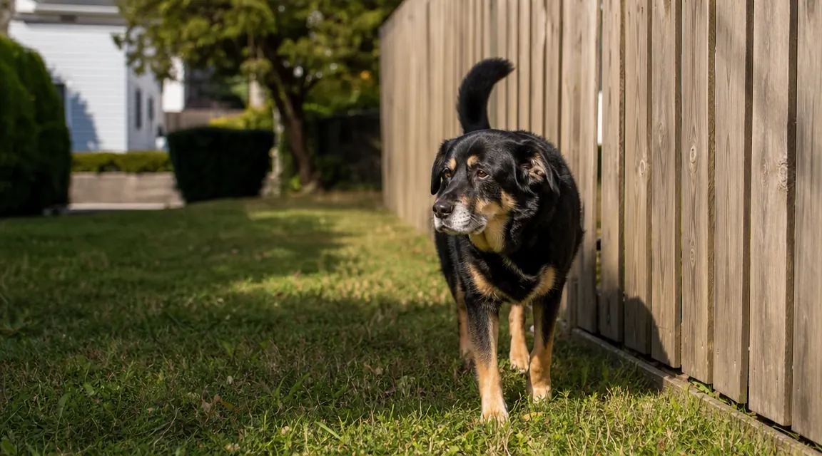 Dog walking near a neighborhood fence line, illustrating the kind of boundary the Fi escape alert monitors