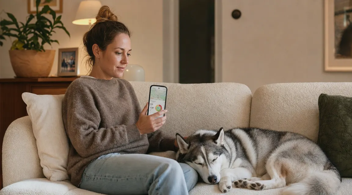 Dog owner checking the Fi app on a smartphone while their dog rests beside them on a couch