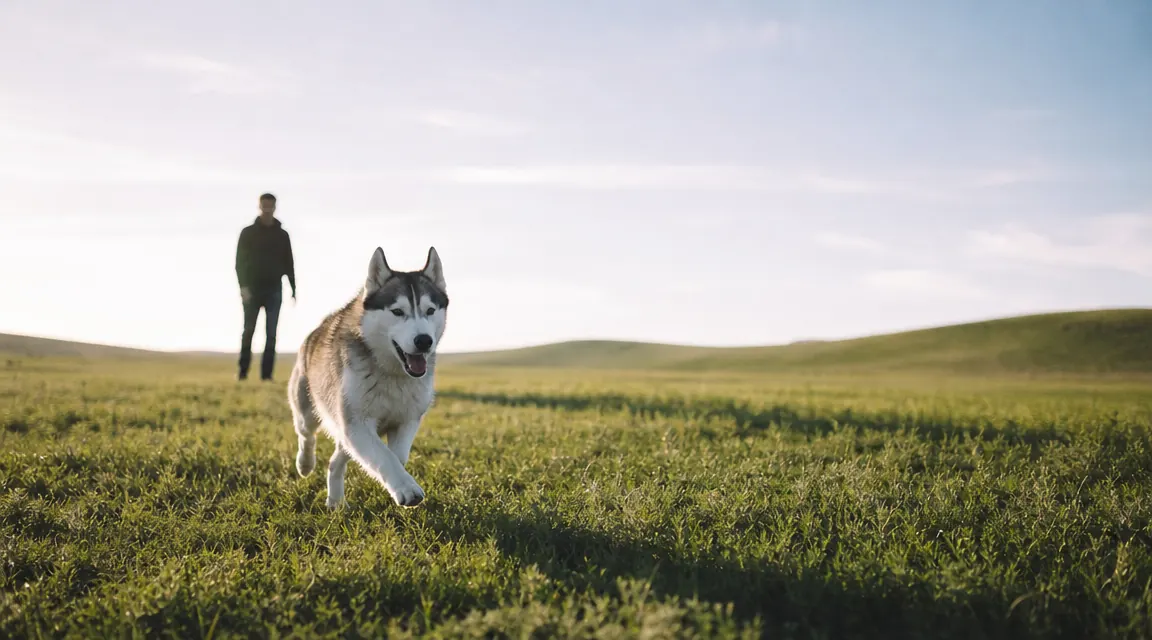 Husky running freely off-leash in an open field while owner watches from a distance