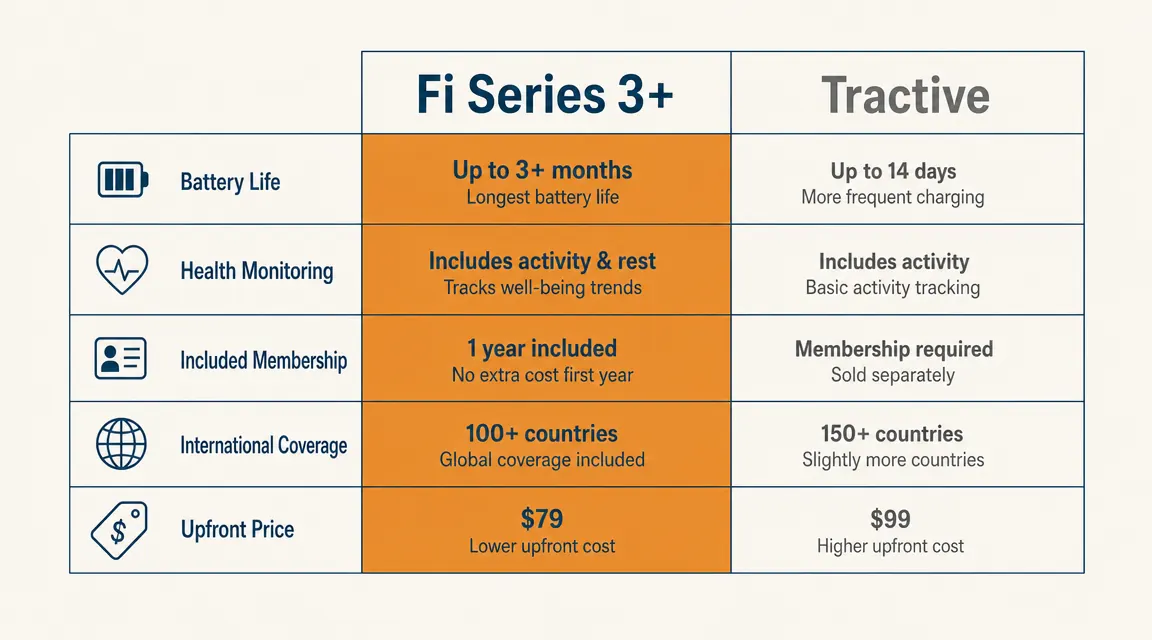 Comparison chart showing Fi Series 3 Plus versus Tractive on battery life, health tracking, subscription cost, and international coverage