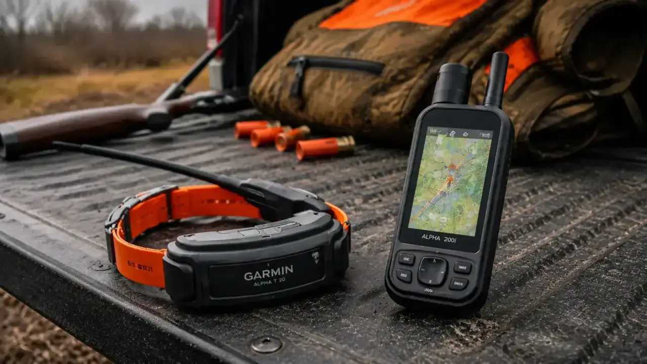 Garmin Alpha T 20 collar and handheld controller side by side on a truck tailgate next to hunting gear