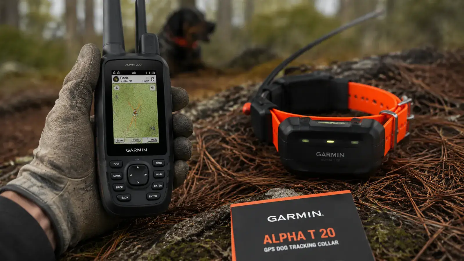 Hunter's gloved hand holding a Garmin Alpha handheld GPS unit displaying a dog's track on a topographic map