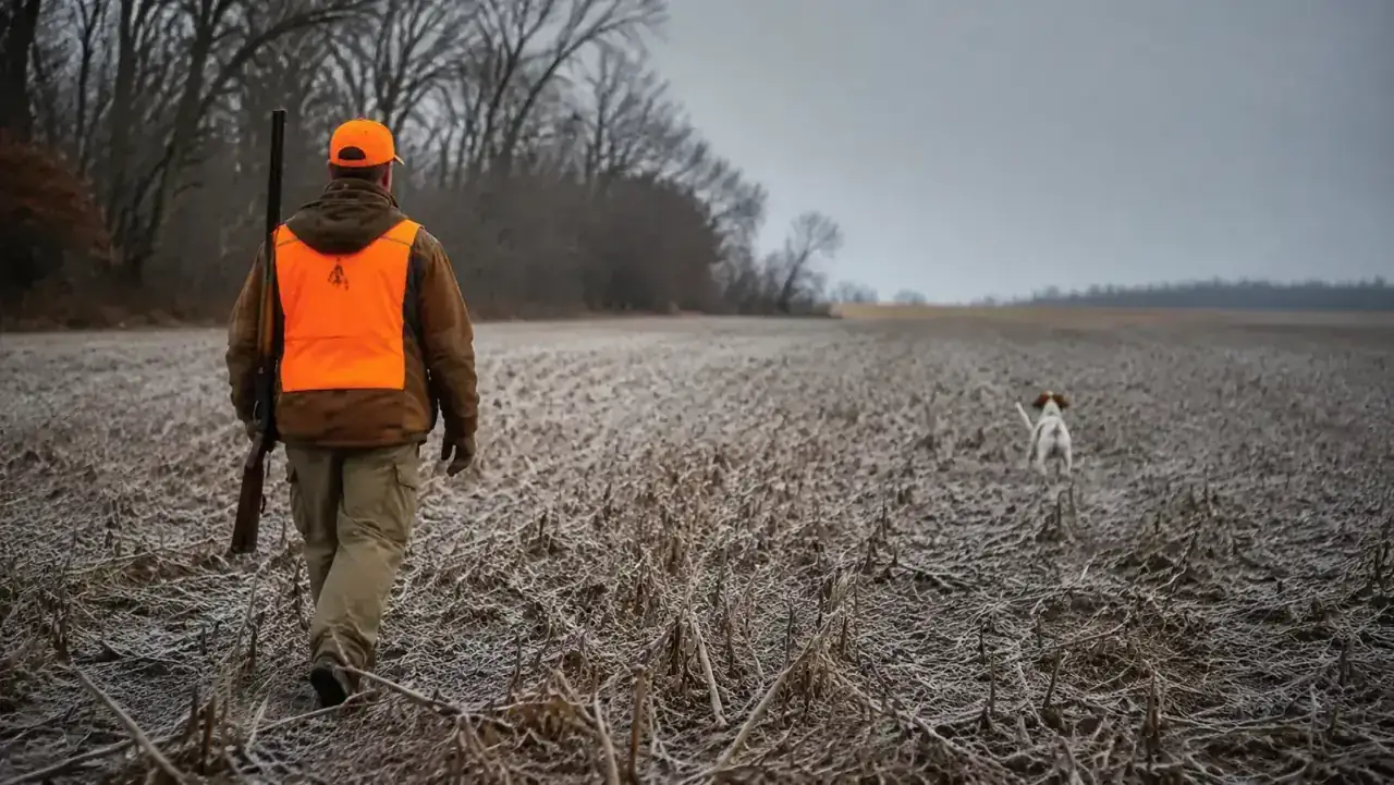 Bird hunter and pointing dog working a harvested corn field on a cold overcast morning