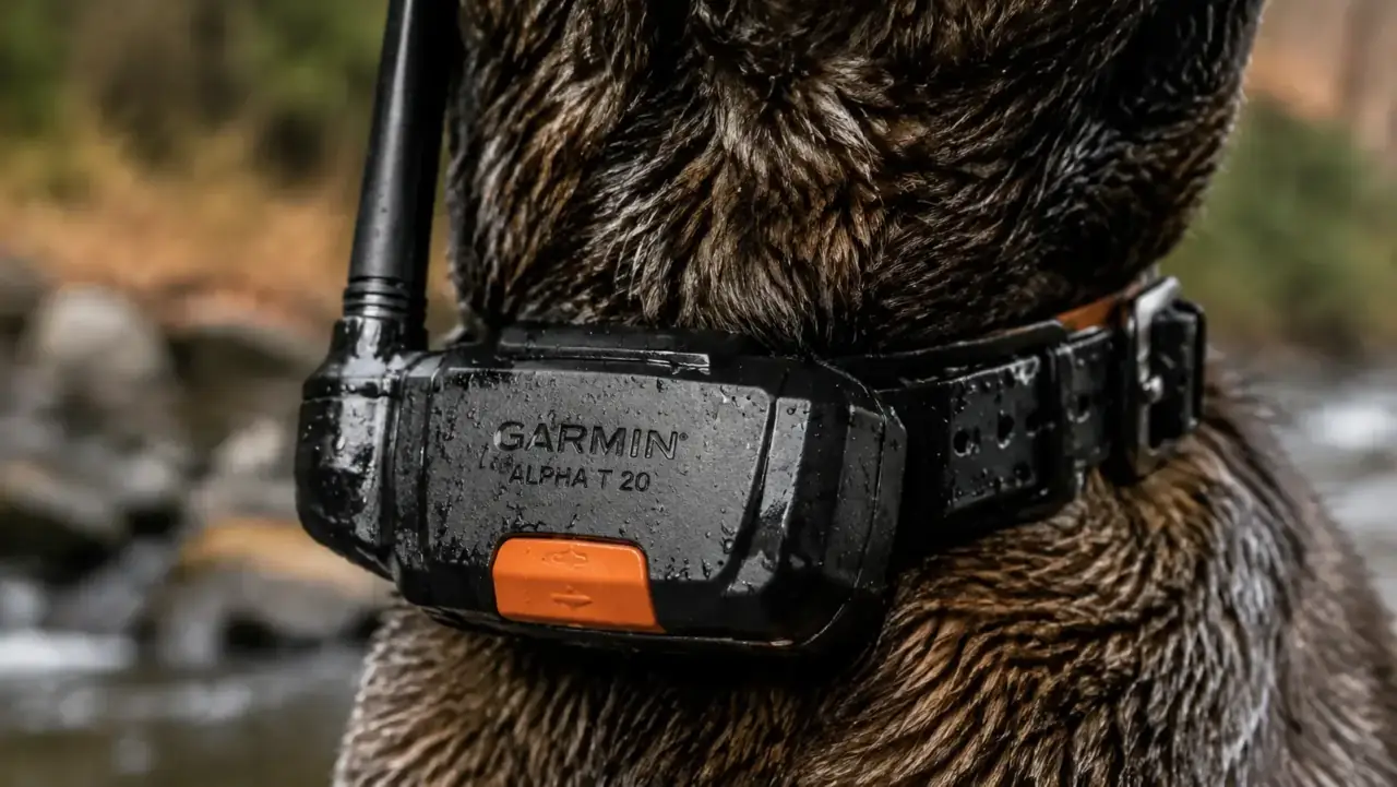 Close-up of the Garmin Alpha T 20 collar unit attached to a dog's neck, showing the rugged antenna and waterproof housing