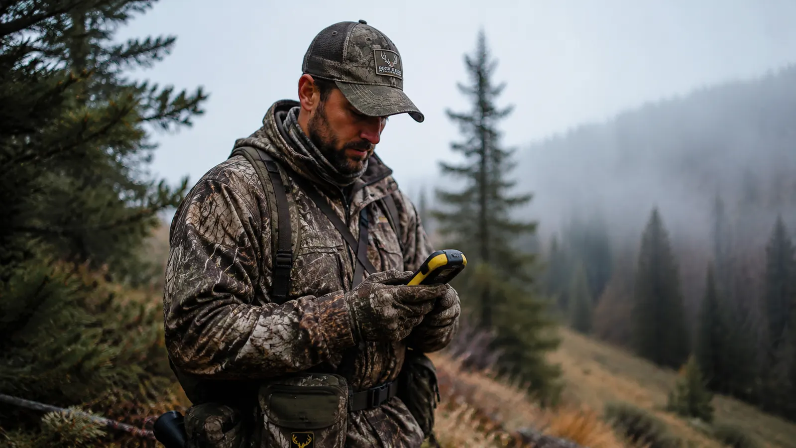 Hunter holding the Garmin Alpha handheld unit while scanning the treeline for his dogs