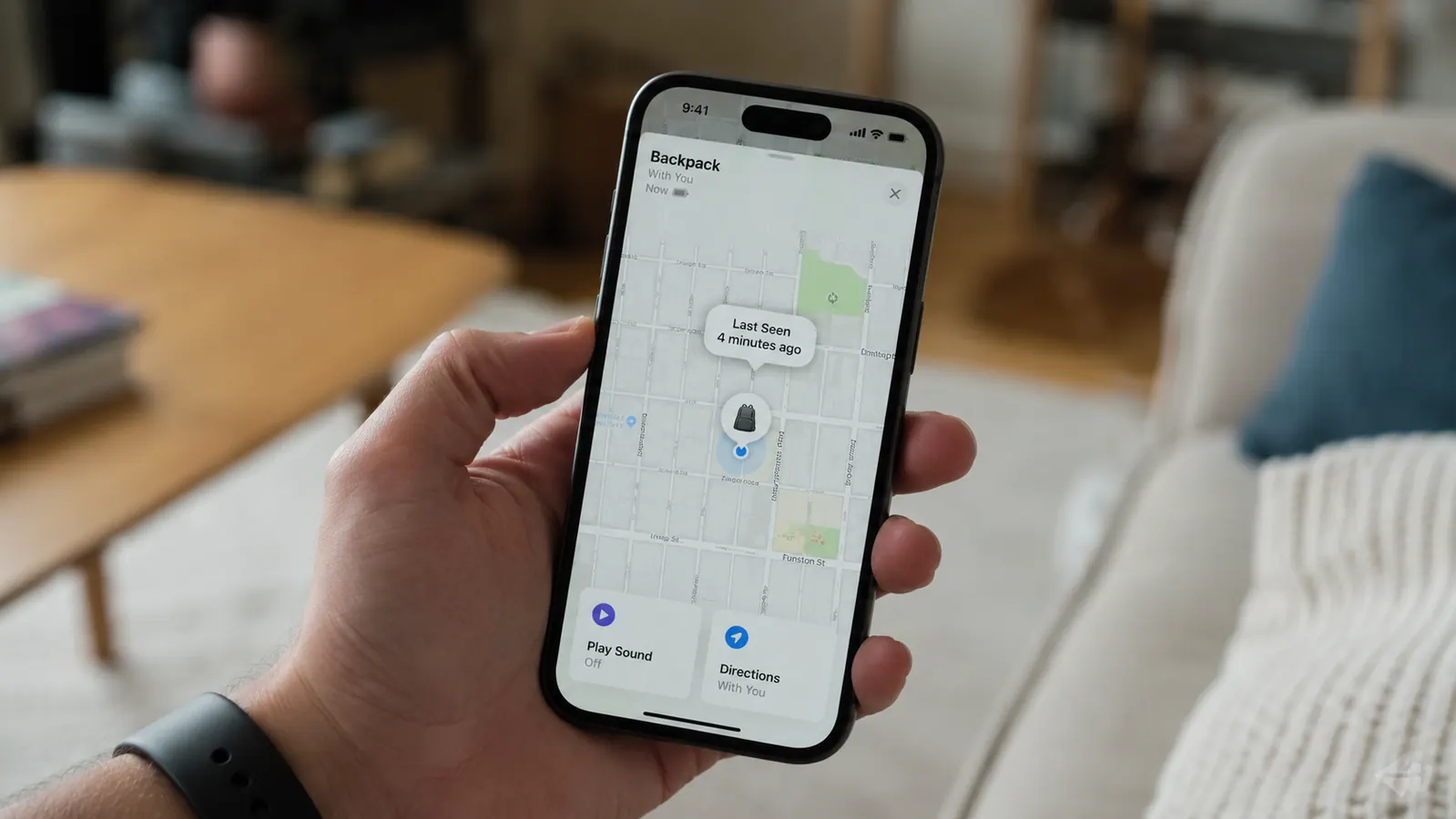 iPhone screen showing the Find My app with a location ping in a suburban neighborhood map