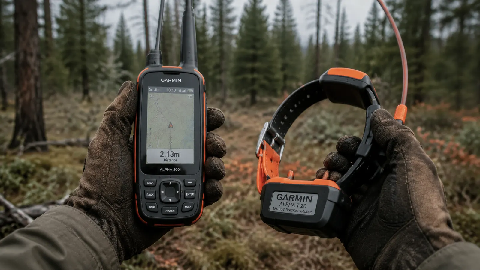 Hunter holding a Garmin Alpha handheld GPS unit showing a dog location on the map screen