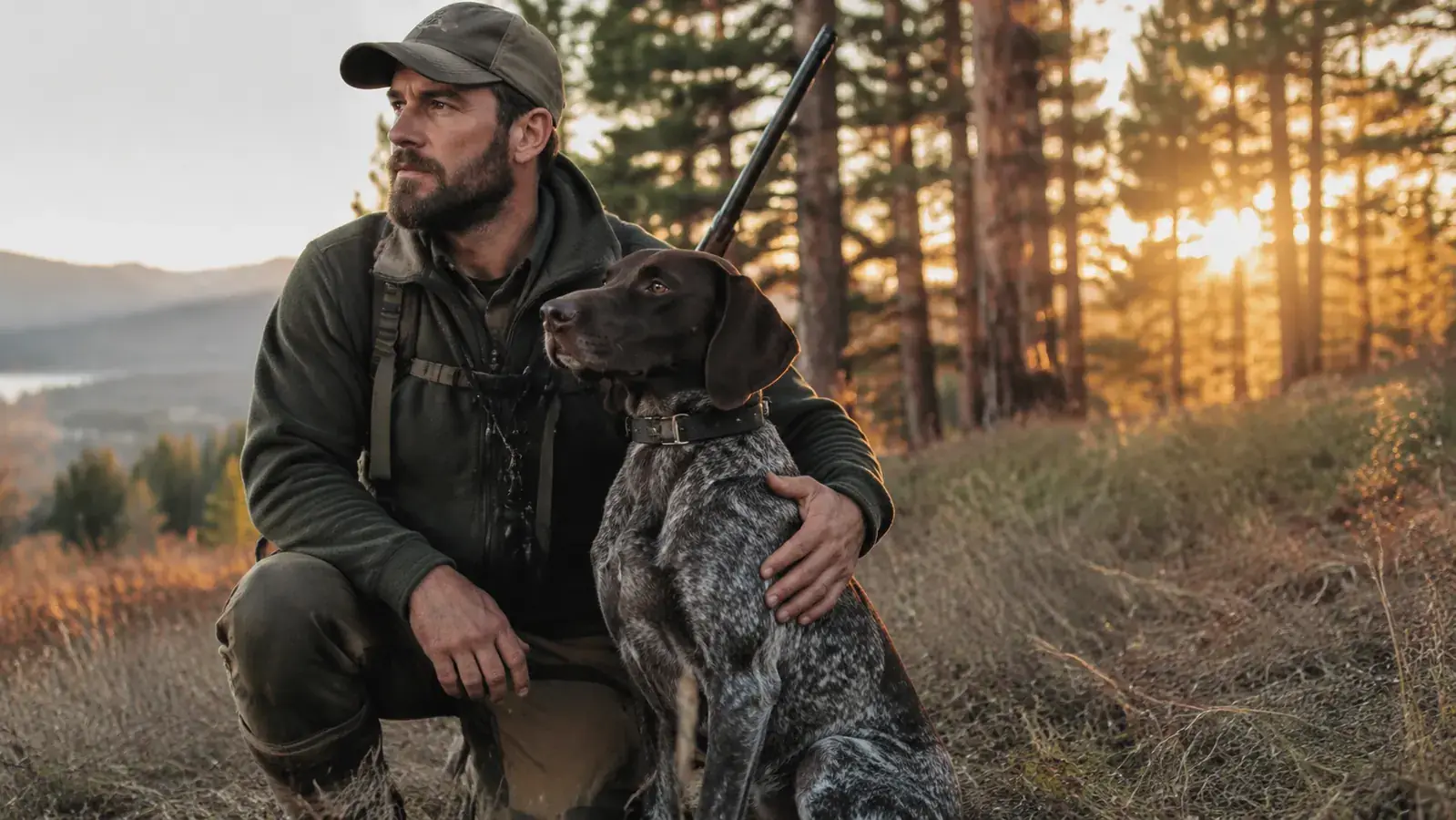 Hunter and dog reunited at the edge of a pine forest, dog sitting at heel, late afternoon golden light