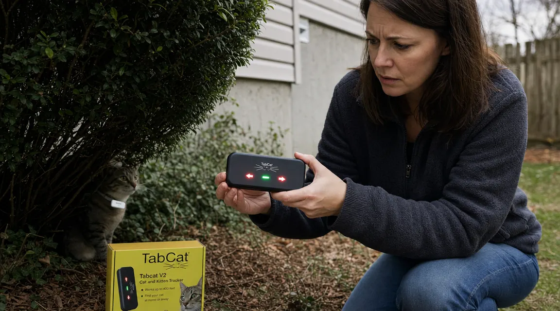 Person holding the Tabcat handheld receiver outdoors, pointing it toward a shrub