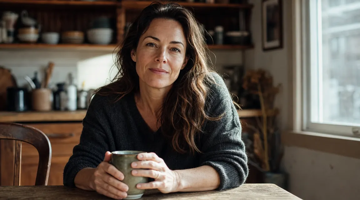 Cat owner sitting at a kitchen table with a cup of coffee, relaxed and smiling