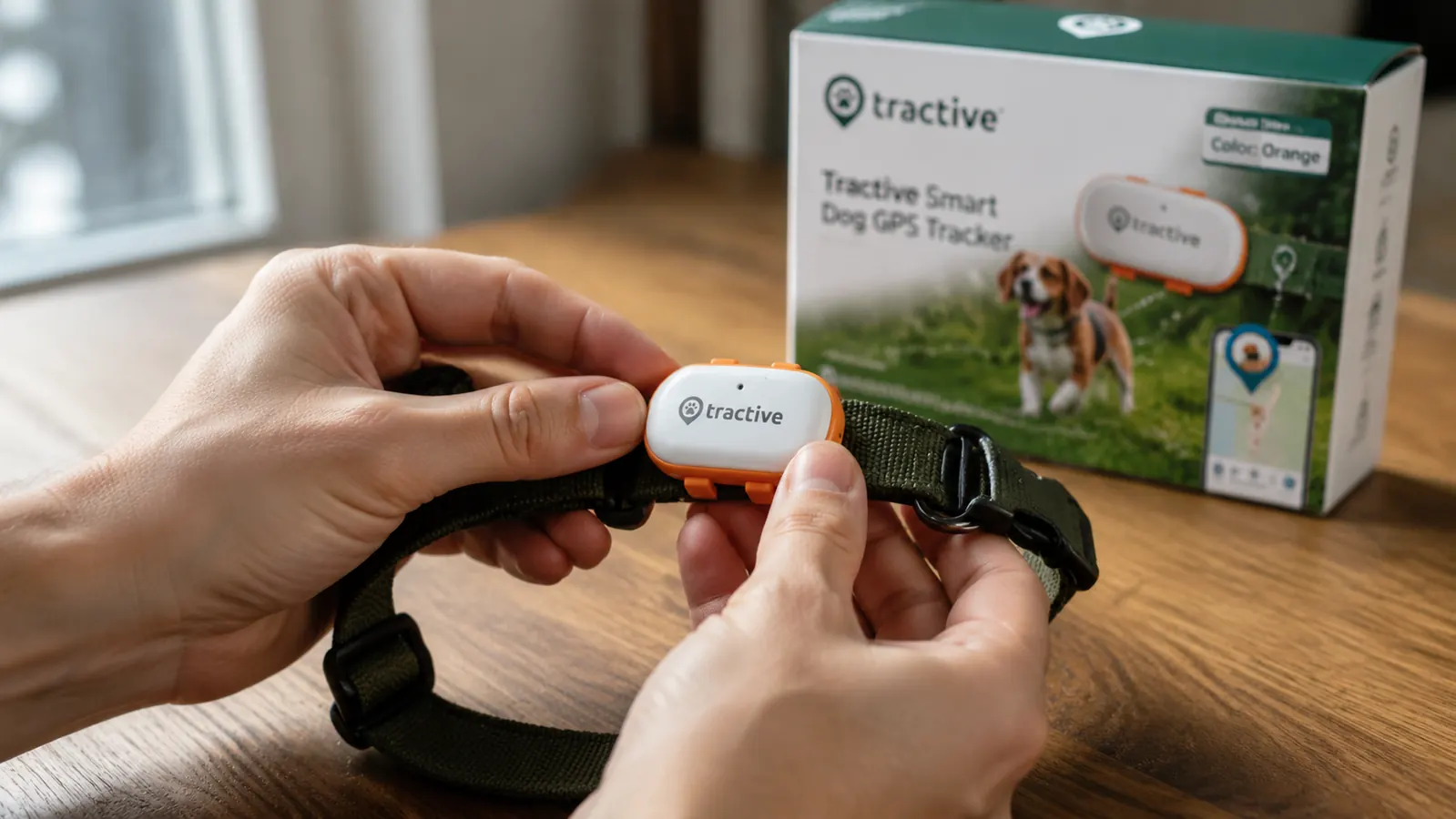Tractive GPS dog tracker device being clipped onto a dog collar next to an open box