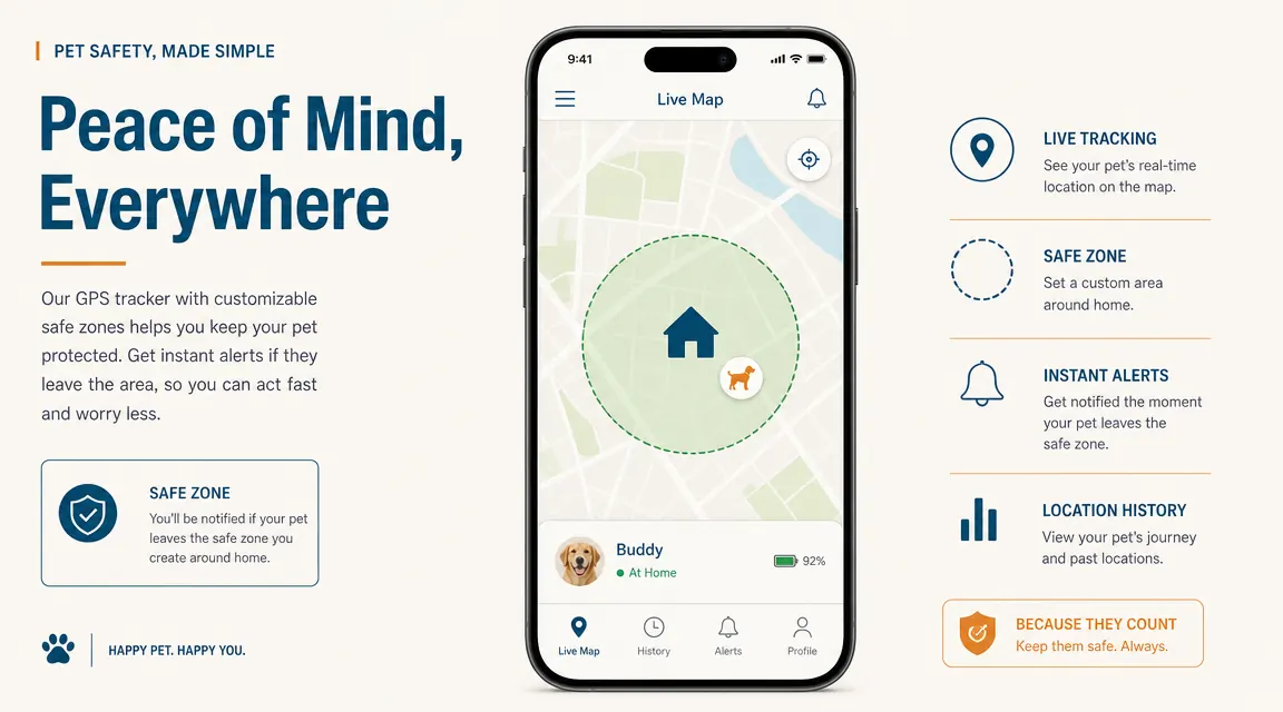 Smartphone screen showing the Tractive app safe zone setup with a circular geofence drawn around a house on a map