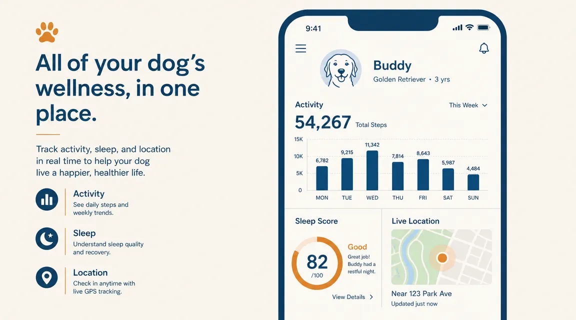 Phone screen showing the Fi app weekly activity dashboard with step count bars and sleep score for a dog named Loki