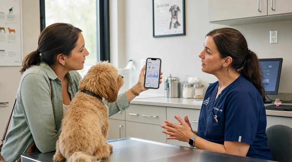 Dog owner sitting at a vet's office with a phone showing the Fi app health summary to a veterinarian