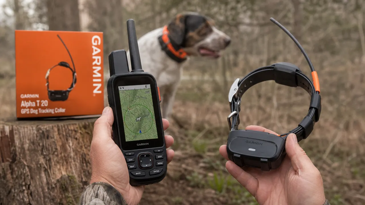 Garmin handheld GPS unit showing dog location dot on topographic map screen with range circle overlay
