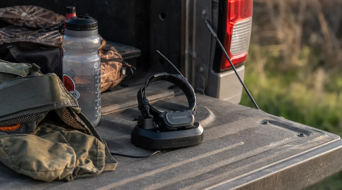 Hunting dog charging collar plugged in on a tailgate next to a water bottle and hunting vest