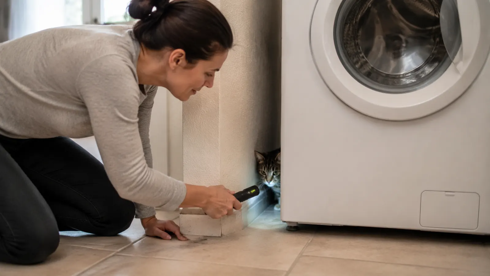 Cat hiding behind a washing machine indoors while a person kneels nearby holding the Tabcat receiver pointed toward it