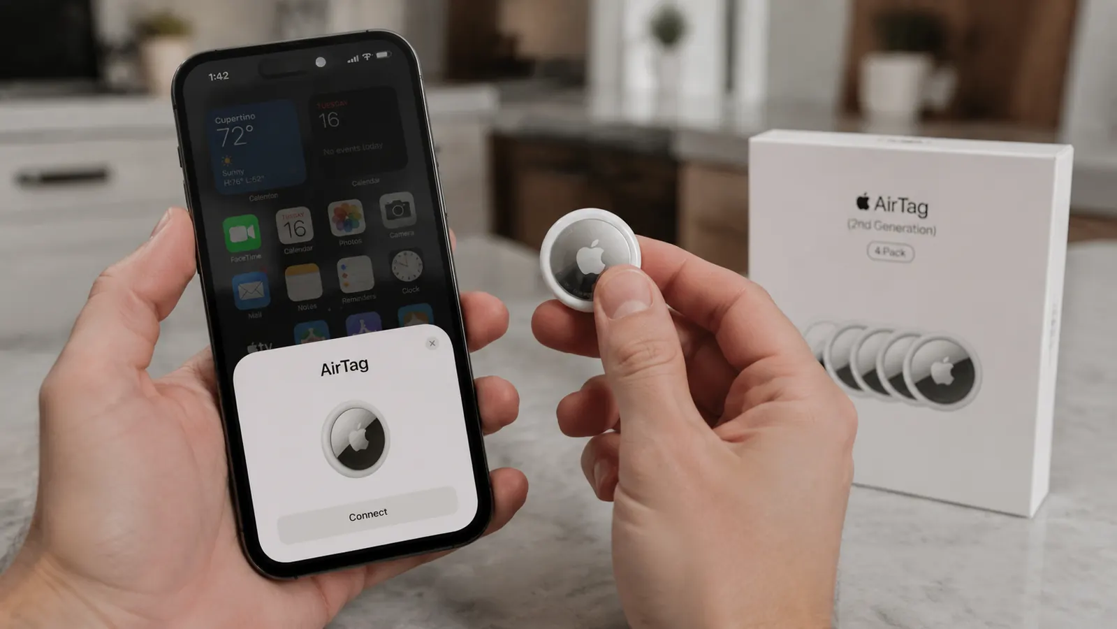 Hand holding an Apple AirTag next to a phone showing the Find My app setup screen