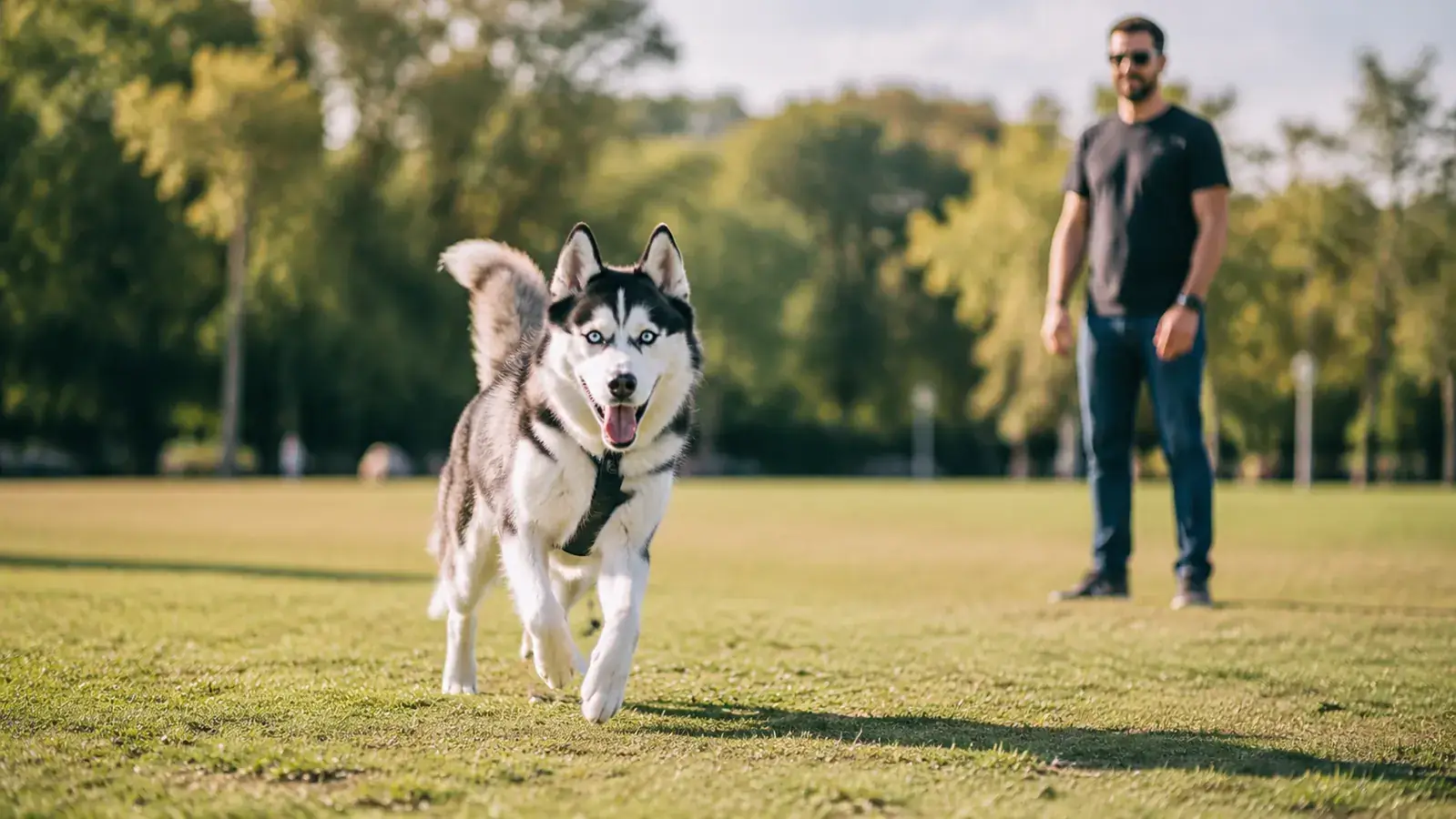 A husky running joyfully in a park during daylight, owner visible in the background watching