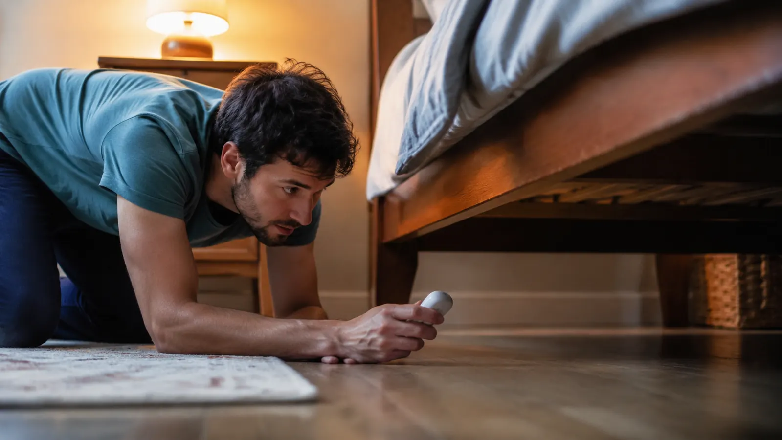 Person kneeling under a bed with the Tabcat receiver held low, searching for a hidden cat in a dim room