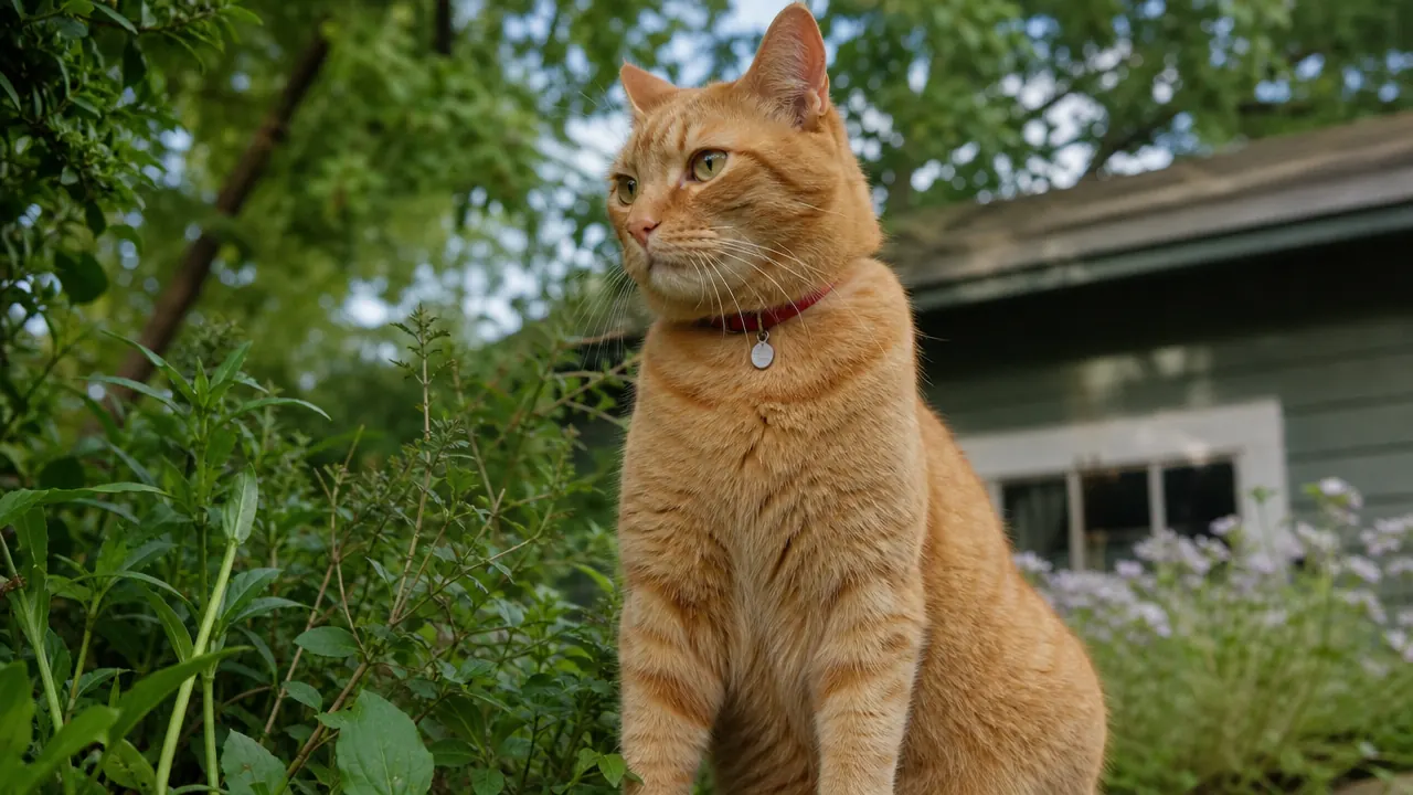 Tabby cat wearing a tiny lightweight homing tag on a breakaway collar, exploring a back yard