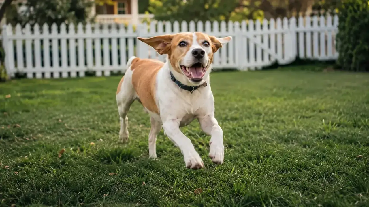 Beagle mix running through a grassy field off leash near a fence
