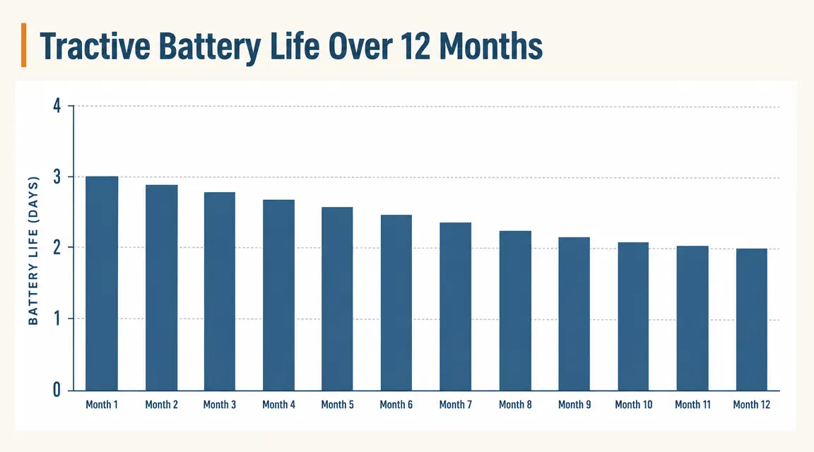 Chart showing Tractive battery life measurements taken at monthly intervals over 12 months, declining from 3 days to about 2 days