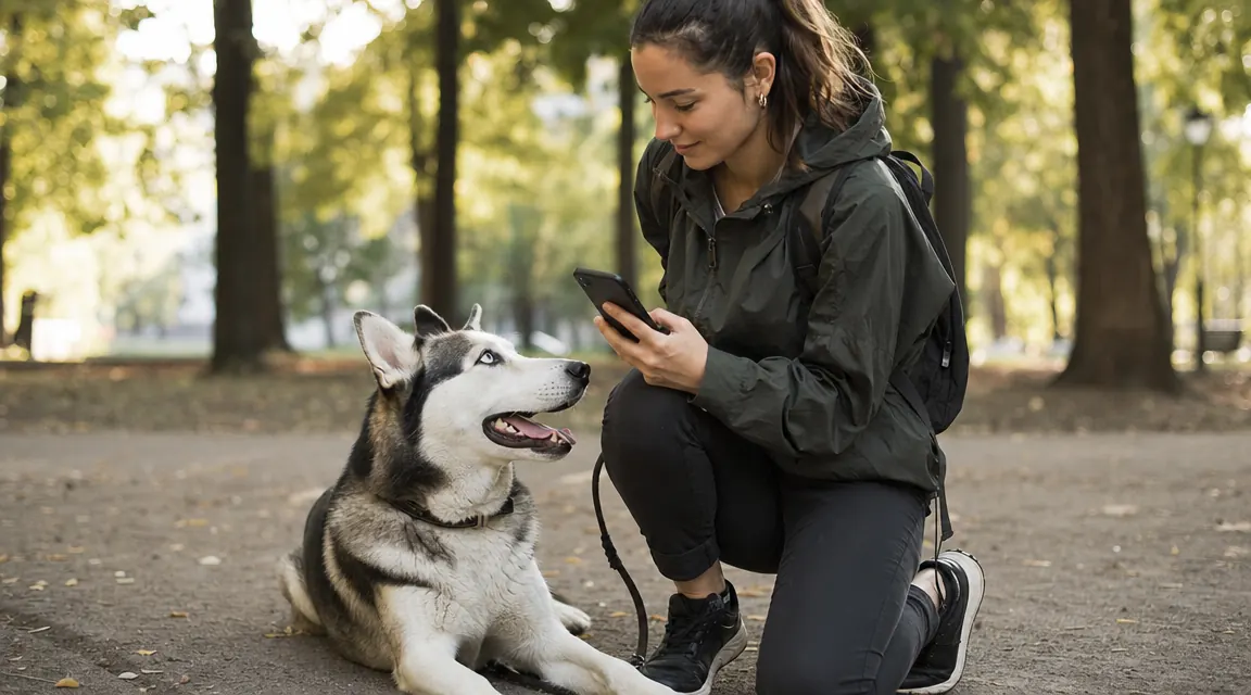 Dog owner kneeling beside a husky in a park, checking GPS location on a phone app