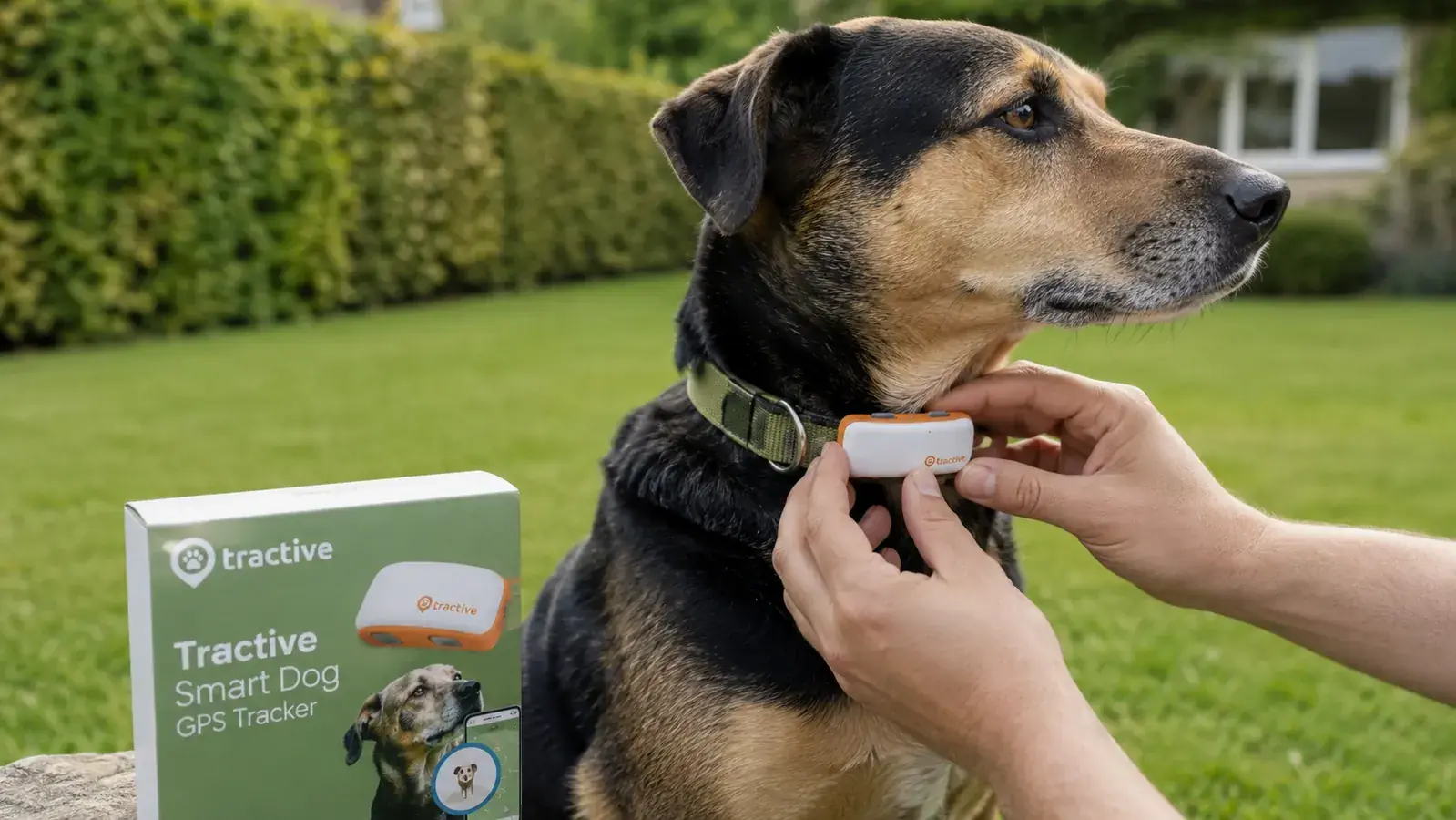 Person attaching a Tractive GPS tracker to a dog collar while the dog sits patiently outdoors