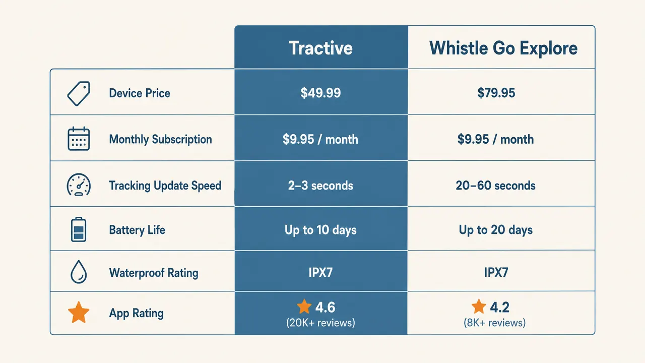 Comparison chart showing Tractive versus Whistle Go Explore on price, subscription cost, battery life, and tracking update frequency