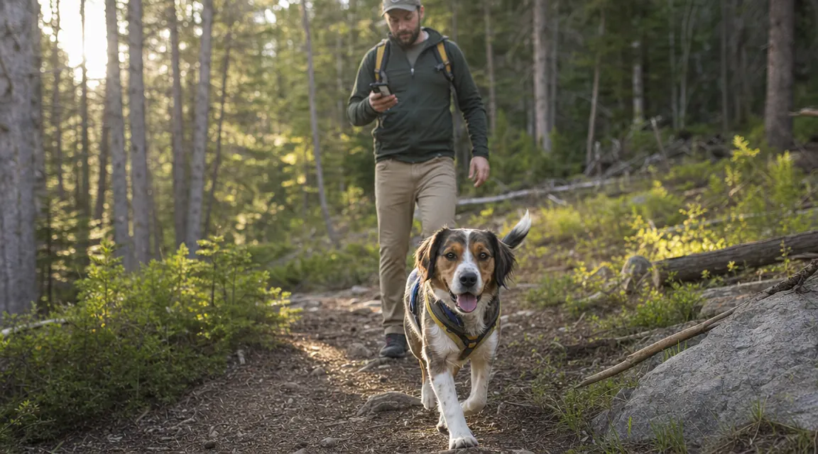 Dog running through a wooded trail while owner checks GPS tracker app on smartphone