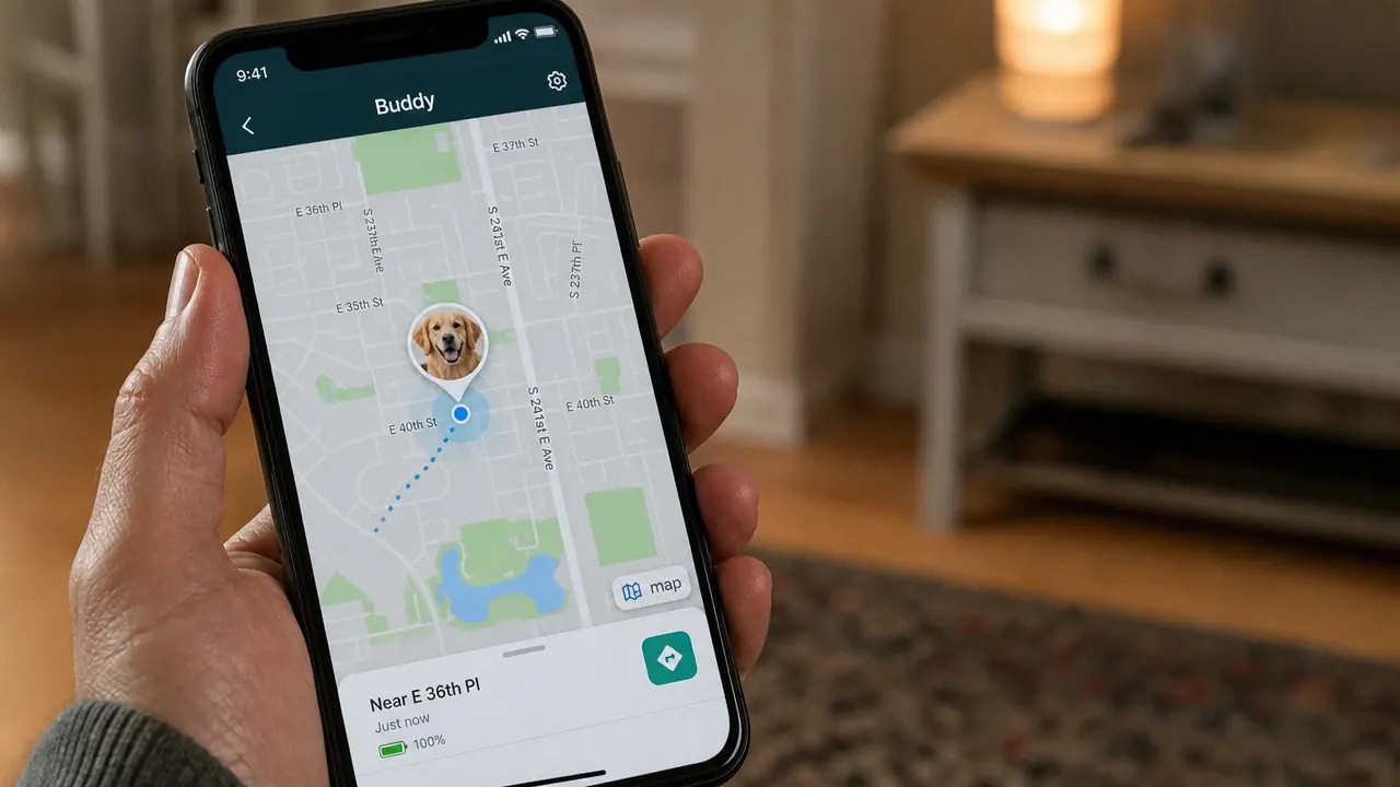 GPS tracker app on a smartphone showing live dog location on a neighborhood map